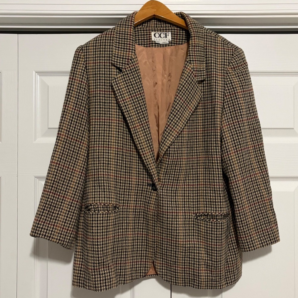 Vintage Houndstooth Blazer Women 14P Brown Plaid Fall 90s Core Preppy Academic